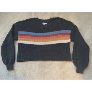 American Eagle Womens Sweater Cropped Size M Gray Stripe Long Sleeve Crewneck